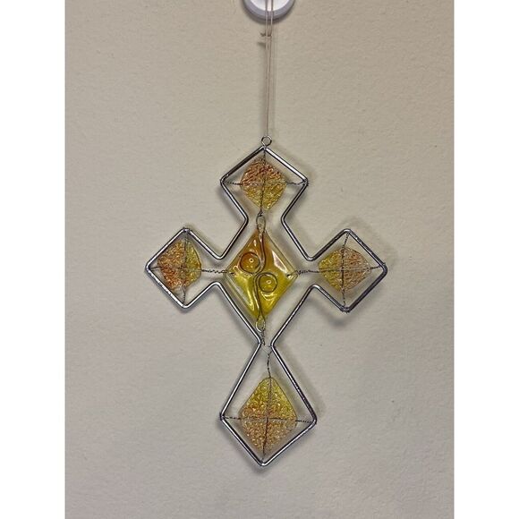 Stained Glass and Beads Crafted Cross Wire Hanging Beautiful Sun-catcher - Picture 1 of 10